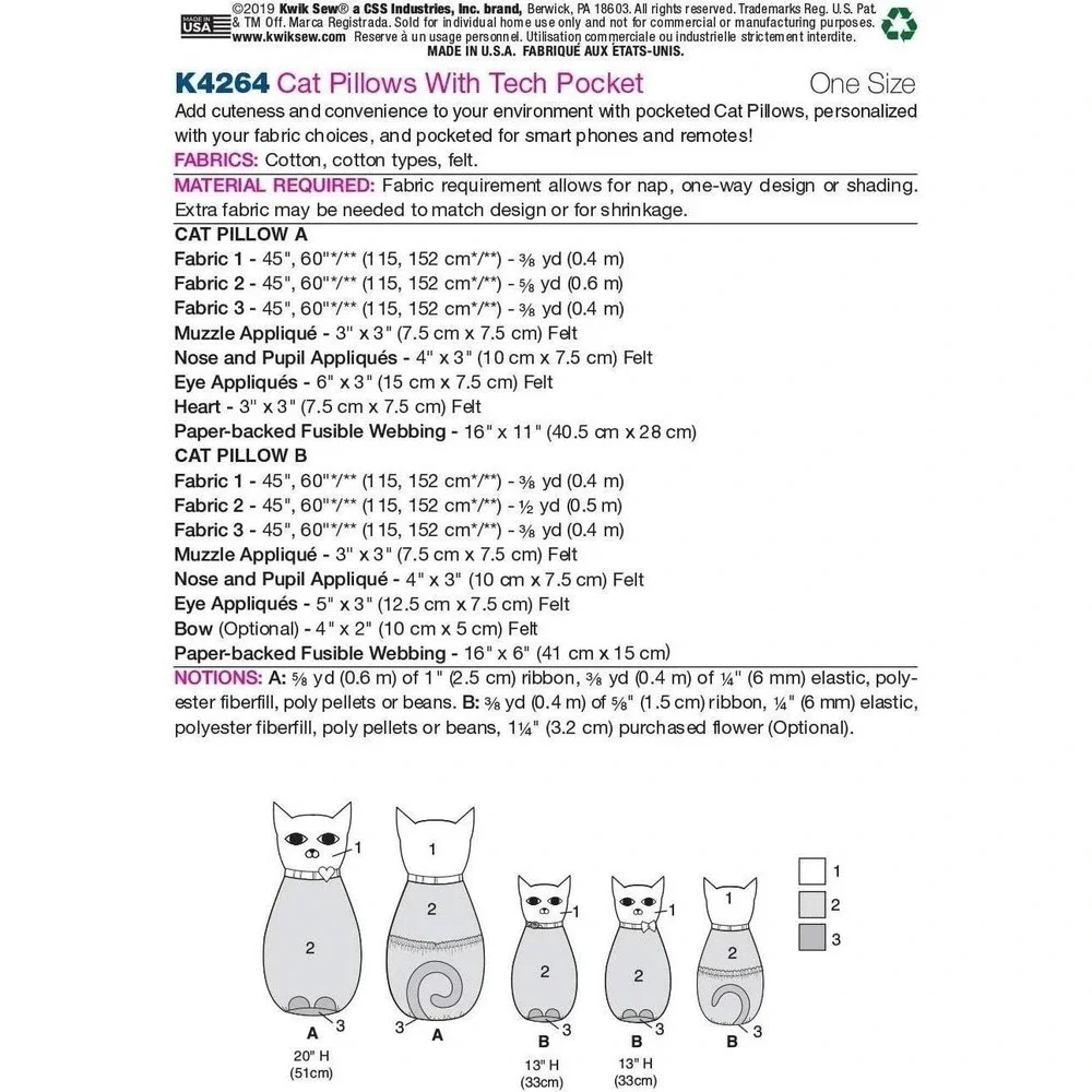 Kwik Sew K4264 Cat Shaped‎ Pillows Sewing Pattern With Pocketed Tummy